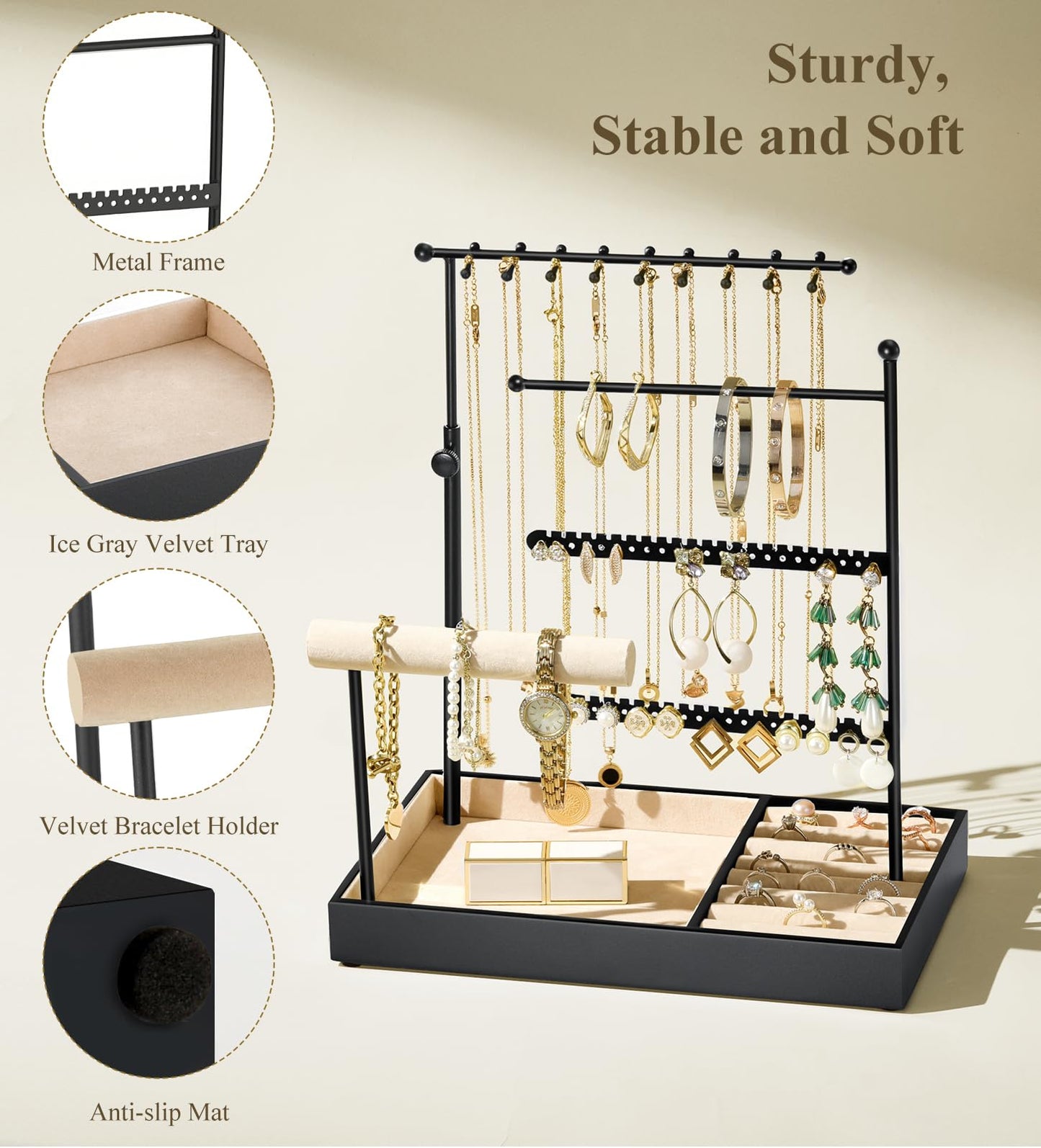 Emibele Jewelry Holder, Jewelry Organizer Stand Necklace Earring Bracelet Holder, 5 Tier Jewelry Display Tower Rack with Metal Frame and Velvet Ring Tray, Aesthetic Jewelry Stand Gift for Women, Black