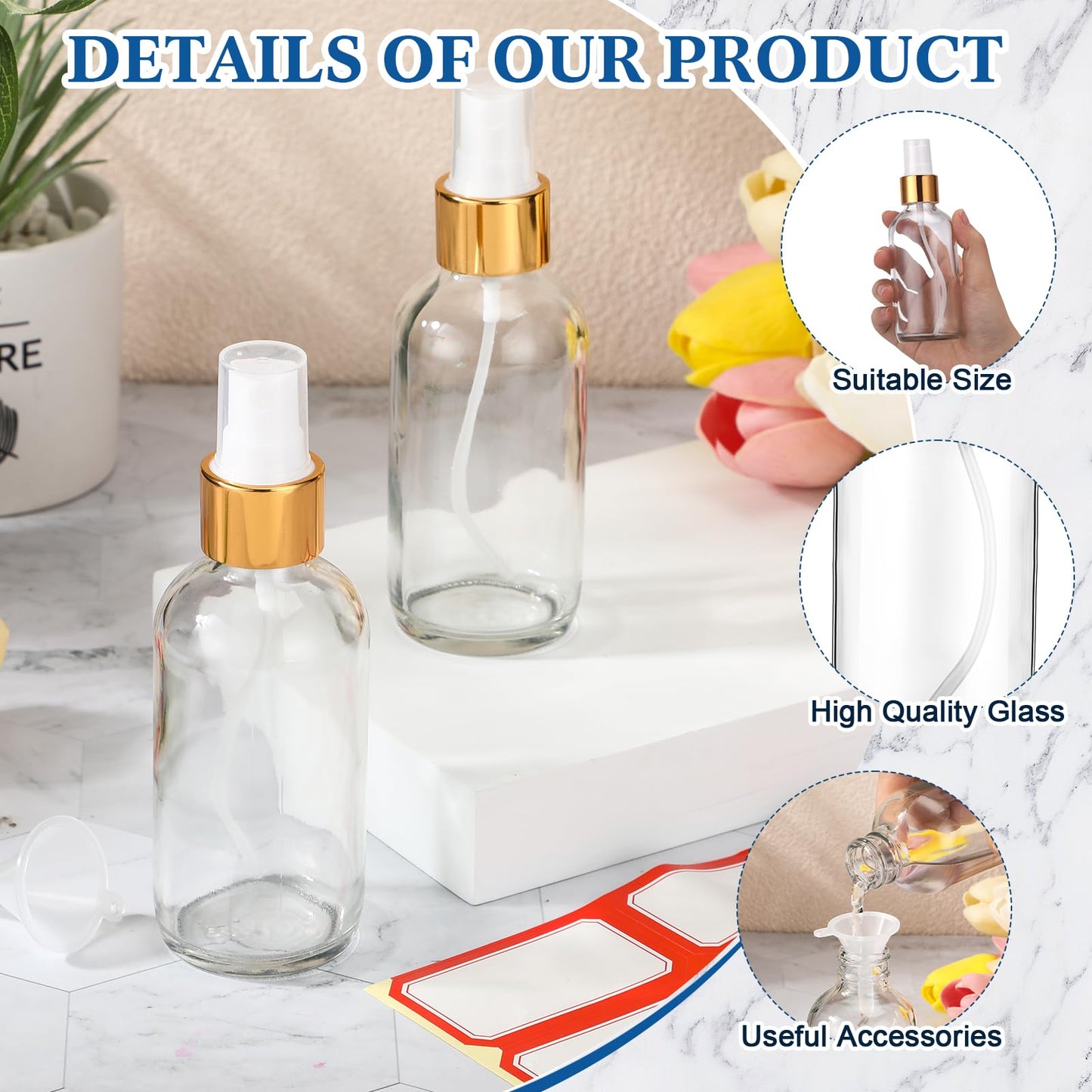 Fumete 2 Pack Glass Bottles 4oz Empty Refillable Liquid Containers with 1 Label 1 Funnel for Essential Oils Hair Travel Plants Cleaning Skin Care(Clear, Golden Top,Mist Bottle)