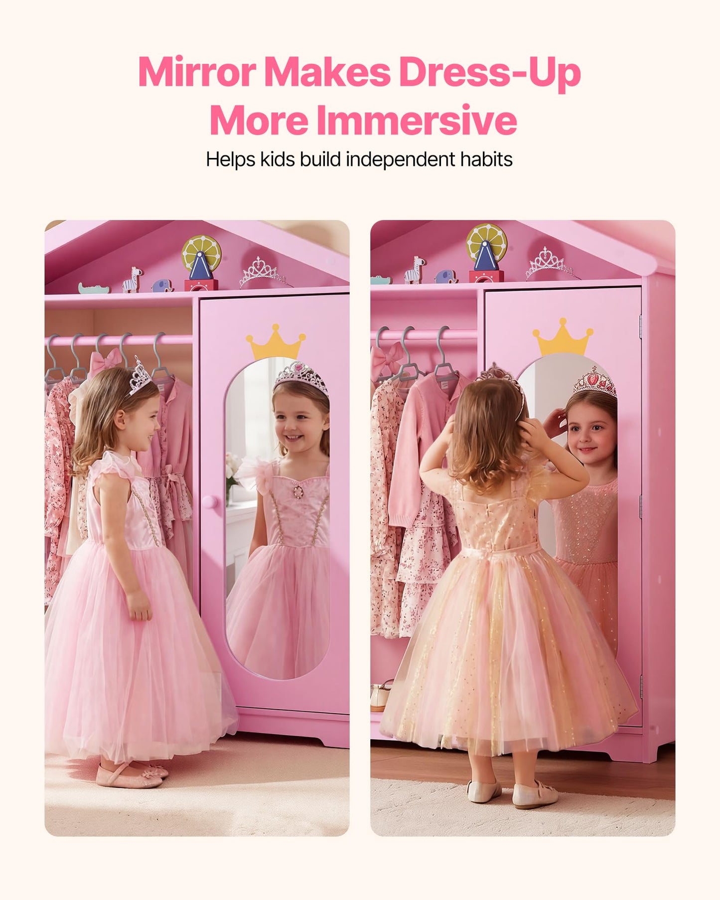 VEVOR Kids Dress Up Storage, with Mirror, Dress Up Closet, Kids Armoire Wardrobe Closet for Little Girls, Toddler Costume Organizer, Pretend Princess Storage Dresser, for Bedroom, Girls Room, Pink