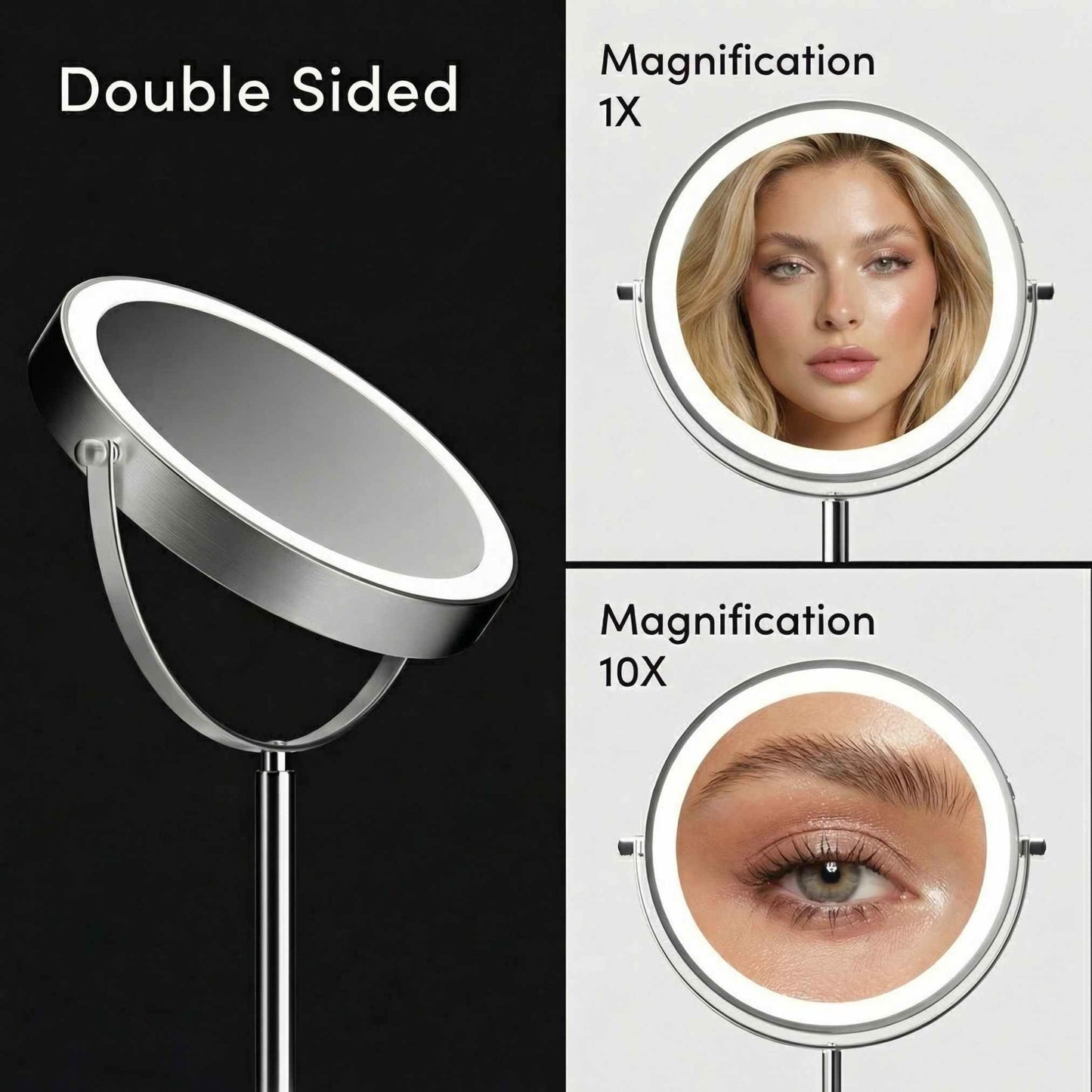 Fancii 9-Inch Lighted Makeup Mirror Height Adjustable with 10X /1X Magnification - Rechargeable, Double Sided LED Vanity Mirror with Light and Stand, 360° Swivel