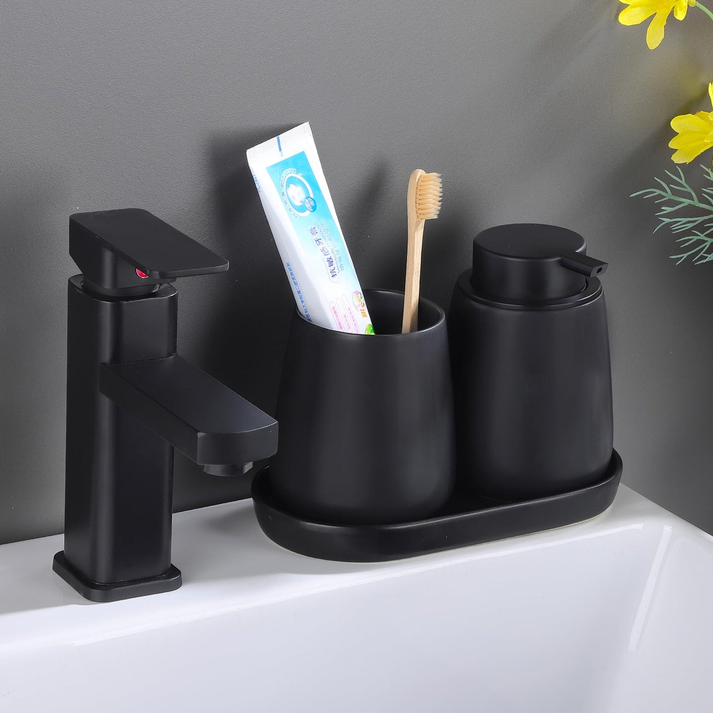 Eyrozia Matte Black Round Soap Dispenser Tray - 8'' Ceramic Vanity Tray for Bathroom Decorative, Jewelry Ring Dish, Comestic Holder, Kitchen Sink Countertop Organizer Plate