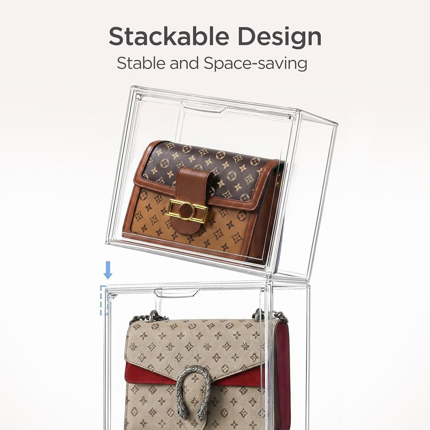 HBlife 4 Pack Purse Storage Organizer for Closet, Large Clear Stackable Handbag Display Case Box with Magnetic Door for Collectibles, Cosmetics, Women Heels and Toys