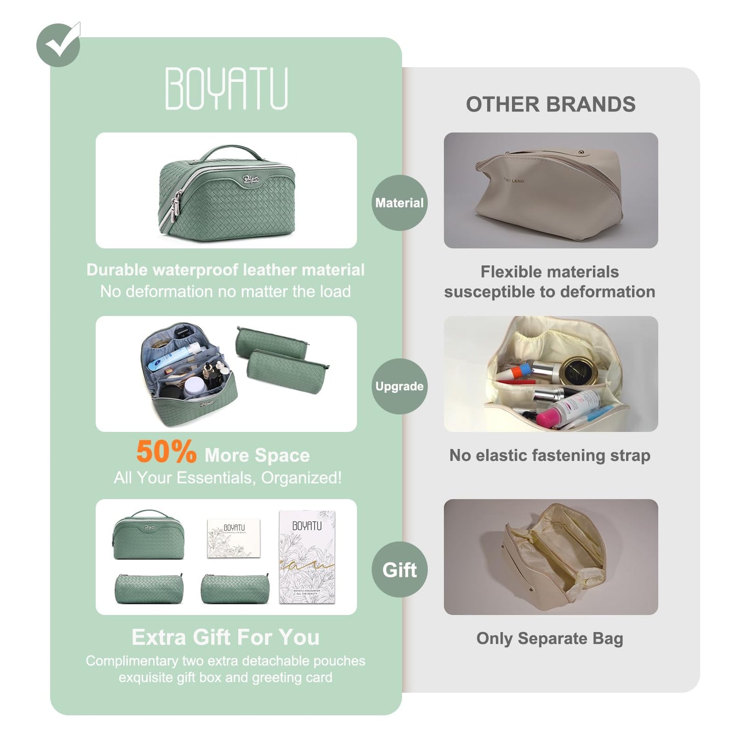 BOYATU Travel Makeup Bag Cosmetic Bags for Women: Large Capacity 3 Pcs Set Make up Bag with Compartments - Waterproof Vegan Leather Toiletry Organizer Bags with Handle (L10 Grass Green)