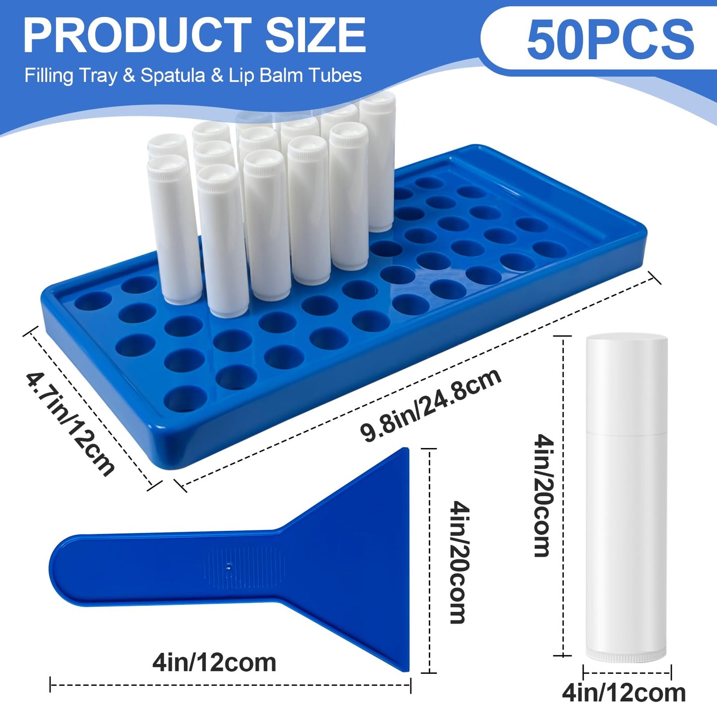 Lip Balm Tubes Kit with Filling Tray and Spatula, 50 Pack 5.5ml Empty lip Containers with Caps, BPA Free Twist-Up Lipstick Tubes for DIY Lip Balm and Cosmetic Making, Clear