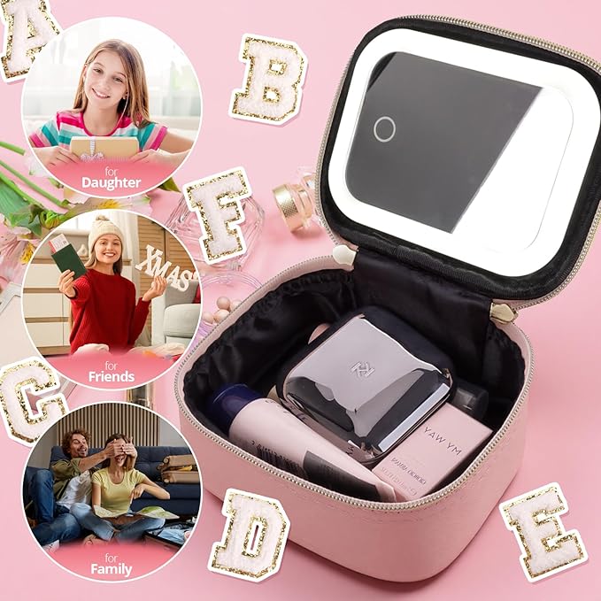 Mini Initial Makeup Bag With Led Mirror With Lights Gifts For Women Girls, Small Makeup Box For Travel Gift, Cosmetic Bag Make Up Organizer Personalized Bags Birthday Christmas Gifts For Womens (U)