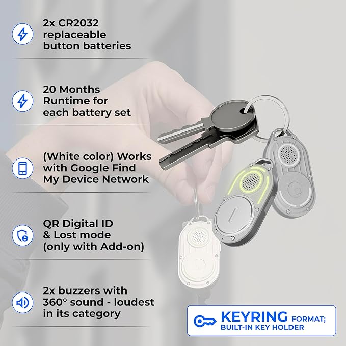 Rolling Square AirNotch Pro – Android Find Hub Only - Bluetooth Tracker Keychain, Replaceable Batteries, Loud 360° Sound, Anti-Loss Locator, Glow-in-The-Dark, Waterproof, White