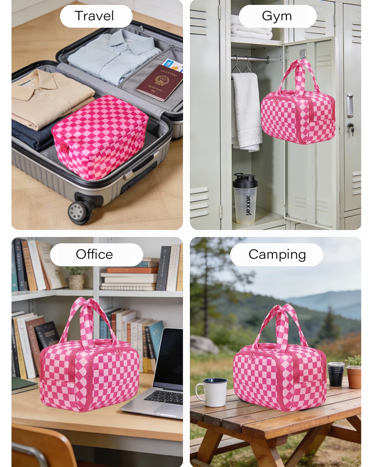 Travel Toiletry Bag, Spacious Hot Pink Checkered Toiletry Bag for Women,Large Toiletry Bags for Traveling,Lightweight Travel Cosmetic Makeup Bag Organizer for Accessories,Toiletries (Pink Checkered)