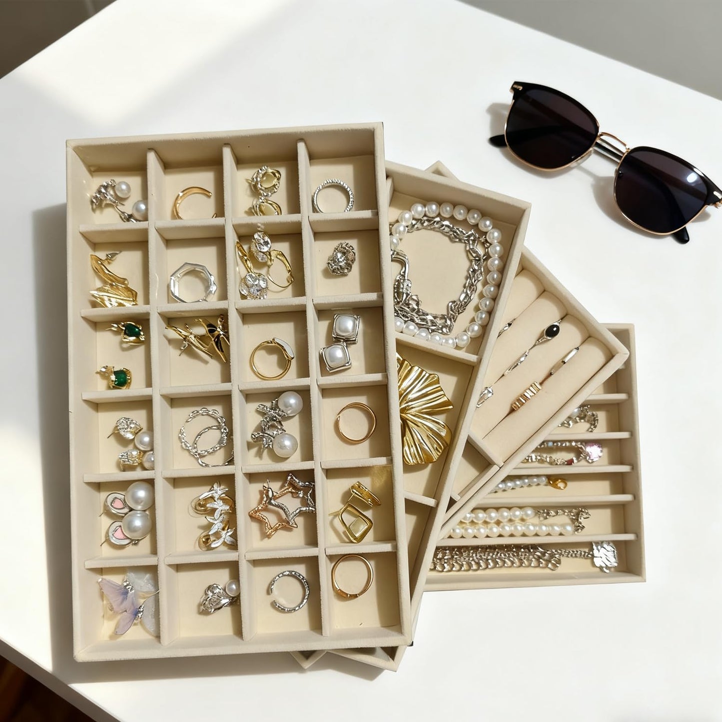 KATISYIO Stackable Jewelry Trays Organizer for Drawer Set of 4 – Velvet Drawer Inserts Organizer Jewelry Organizers and Display Set for Earrings, Rings, Necklaces, Bracelets (Beige)