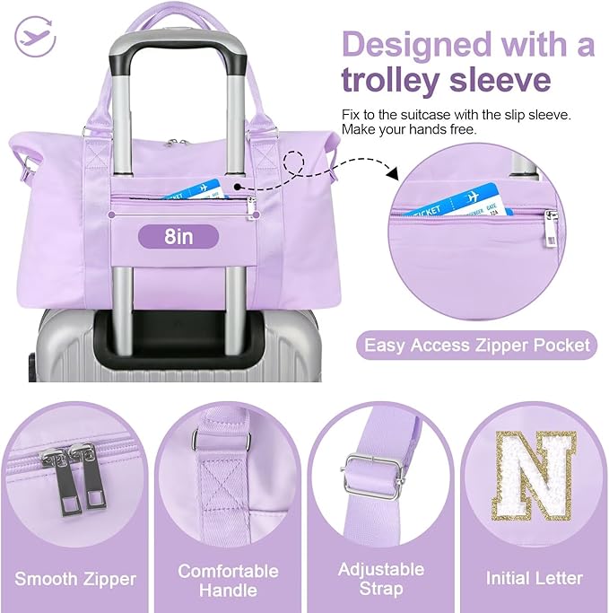 Dance Gym Duffel Bag for Teen Girls, Personalized Initial Travel Weekender Bag,Cute Overnight Carry On Duffle for Women,Sports Travel Cheer Bag,Monogram Christmas Gifts for Tween Preppy(purple-N)