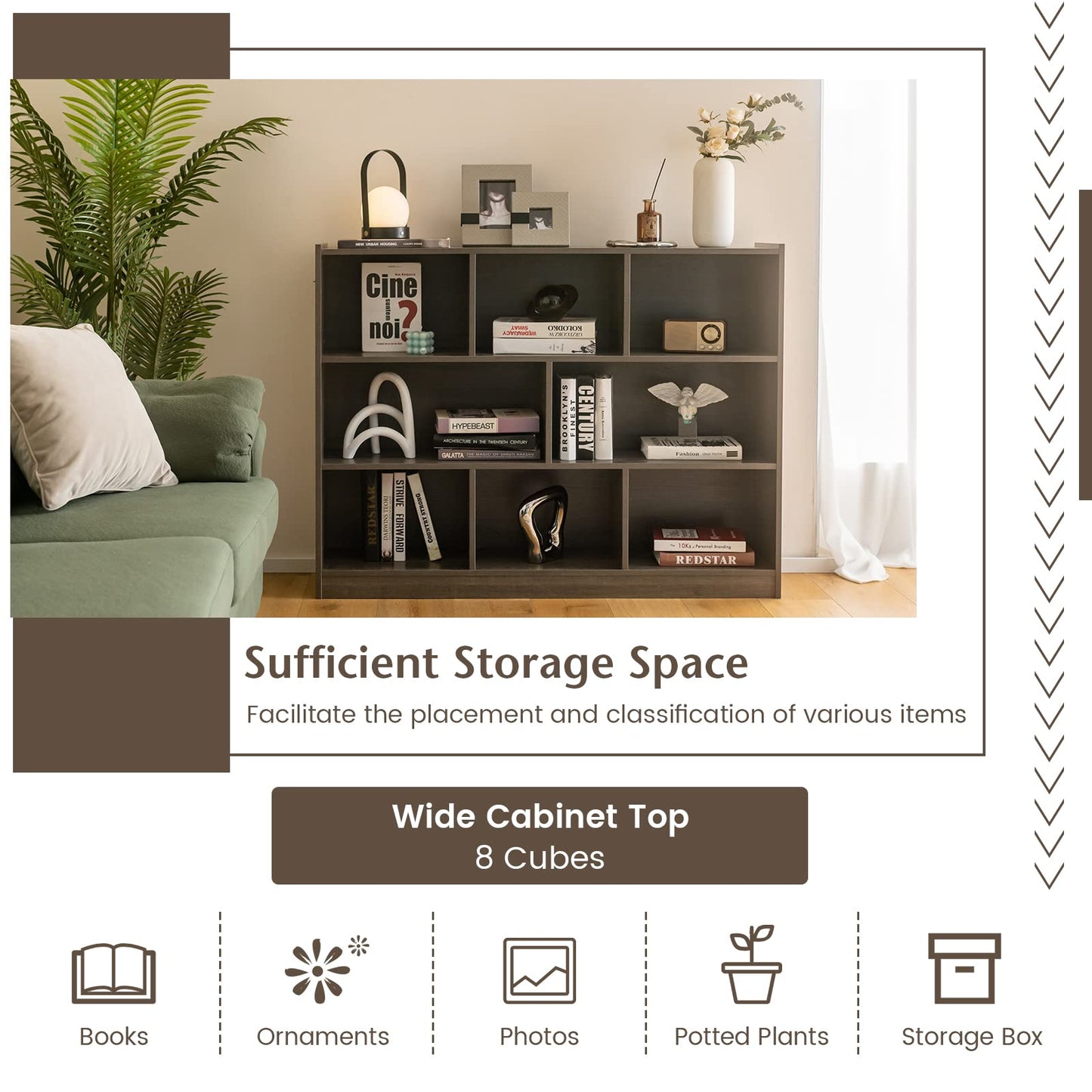 Giantex 8 Cube Bookcase, Freestanding 3-Tier Open Bookshelf, Modern Storage Display Cabinet, Wood Cube Storage Organizer for Living Room, Kid’s Room, Grey