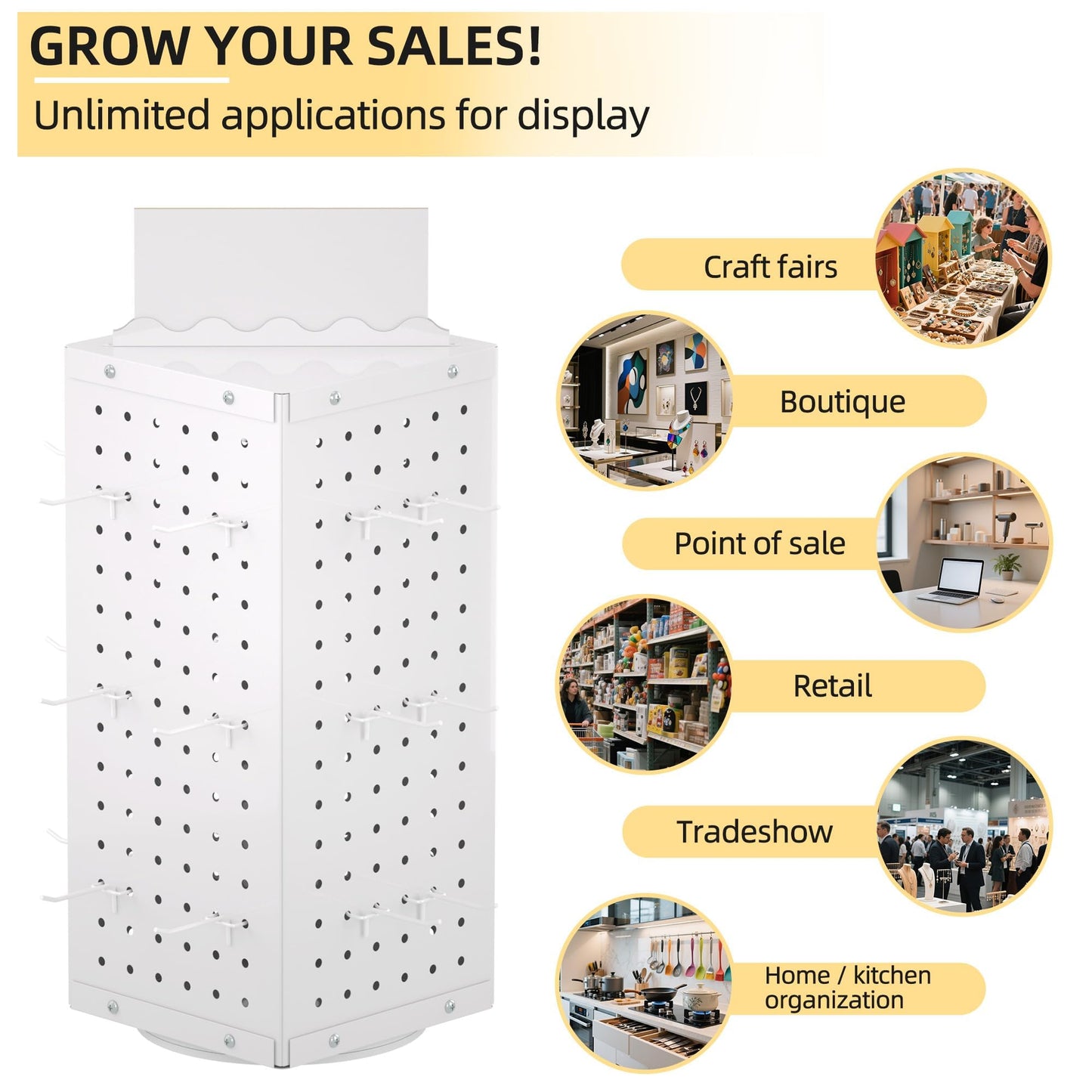 Urban Deco 360° Rotating Pegboard Display Stand with Signage, 4-Sided Spinning Peg Board Stand with 24 Hooks for Jewelry, Earring & Keychain Holder Displays for Craft Shows & Vendor Events (White)