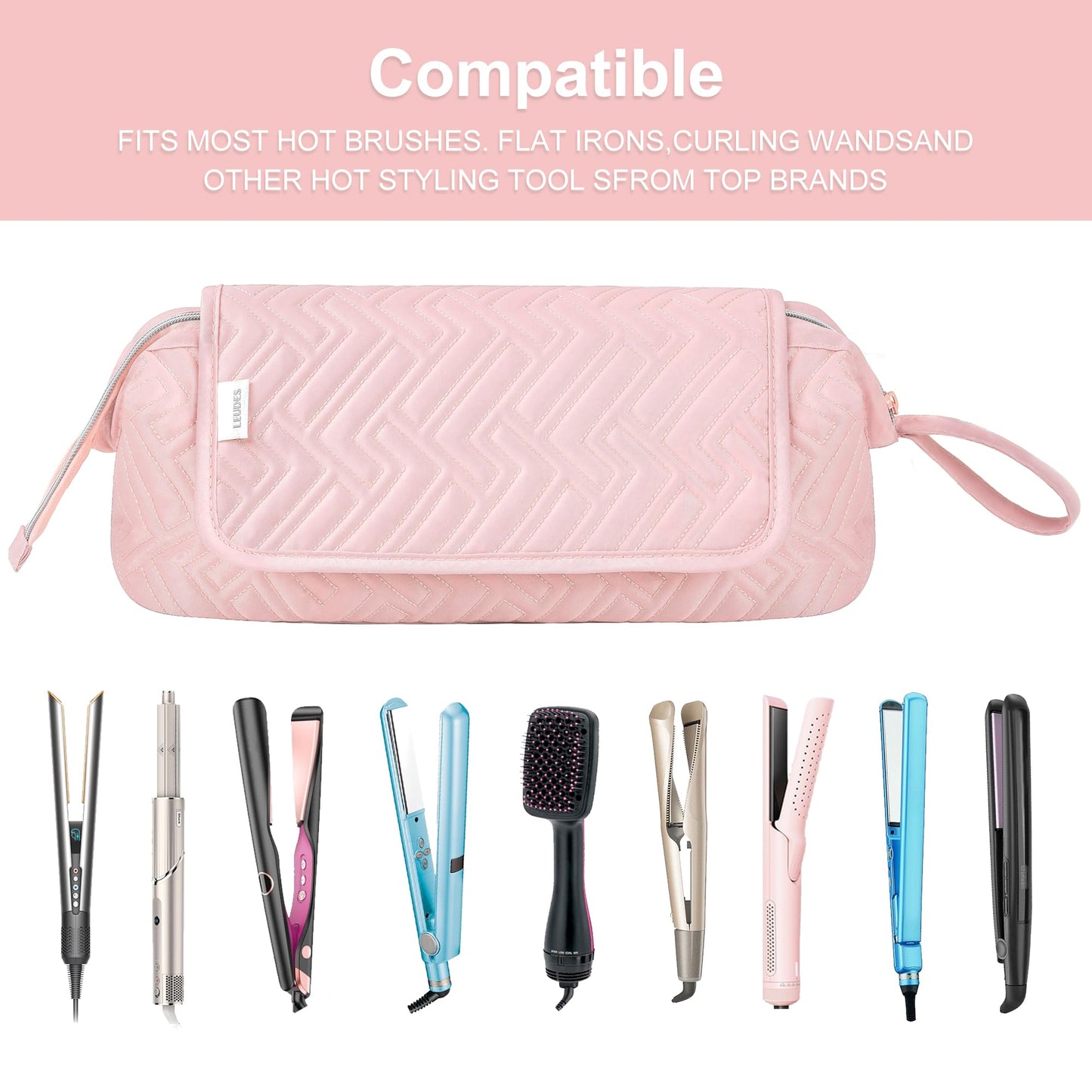 Leudes Hair Tools Travel Bag for Women Heat Resistant Mat for Travel Essentials Hot Tools Straighteners,Flat Irons,Curling Iron,Hot Air Brushes and Hair Dryer Organizer Bags 2 in 1(Pink)