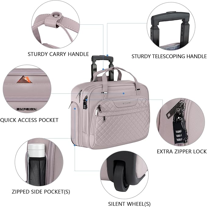 EMPSIGN Rolling Laptop Bag Women with Wheels, Briefcase for Women Fits Up to 15.6 Inch Laptop Briefcase on Wheels, Water-Repellent Overnight Rolling Computer Bag with RFID Pockets, Grey Pink