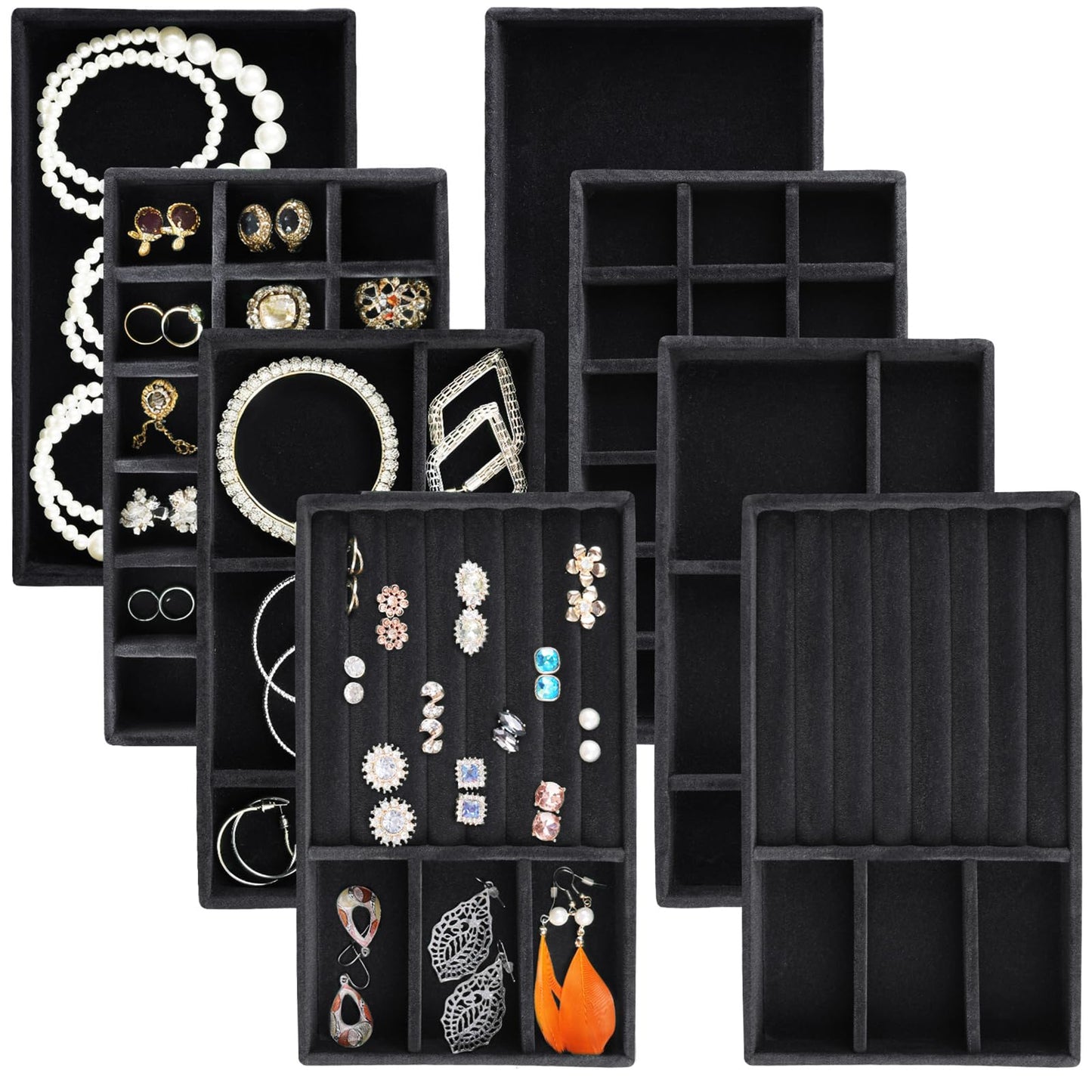 Afnkiom Jewelry Trays,Velvet Stackable Organizer Trays,Drawer Inserts Jewelry Display Case For Rings Stud Necklaces Earring Organizer Tray for Women Girls-8 Pack (Black)