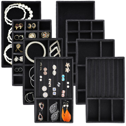 Afnkiom Jewelry Trays,Velvet Stackable Organizer Trays,Drawer Inserts Jewelry Display Case For Rings Stud Necklaces Earring Organizer Tray for Women Girls-8 Pack (Black)