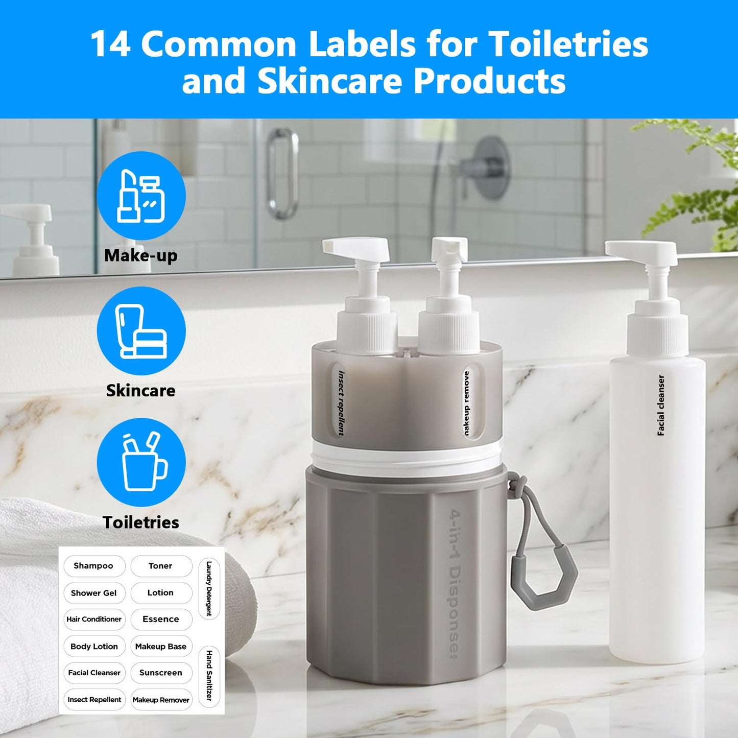 Kkluno 4 in 1 Travel Dispenser Bottles, TSA Approved Leak Proof Refillable Toiletry Containers with Vacuum Suction Cup for Smooth Walls, Portable Empty Bottle Set for Shampoo Conditioner Body Wash