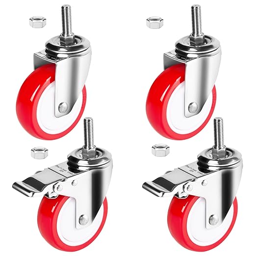 4 inch Stainless Steel Caster Wheels Heavy Duty, 1/2"-13x1-1/2 Threaded Stem Casters with Brake, Rust Resistant, Polyurethane PU Wheels for Hospital, Lab, Furniture, Restaurant
