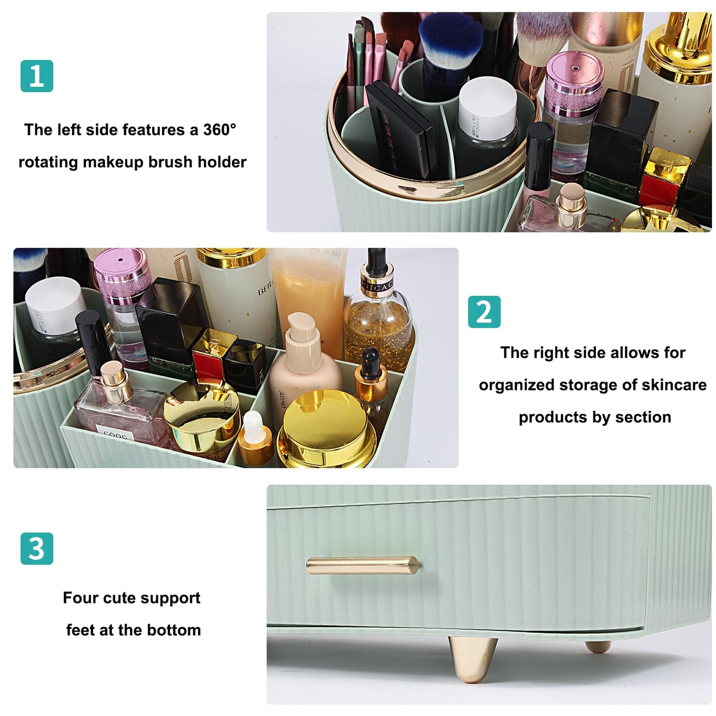 Zufudo Makeup Organizer Countertop with Drawer 360 Rotating Brush Holder Storage Large Capacity Skincare Cosmetic Display Cases for Vanity Bathroom Desktop, Model 3016 Green
