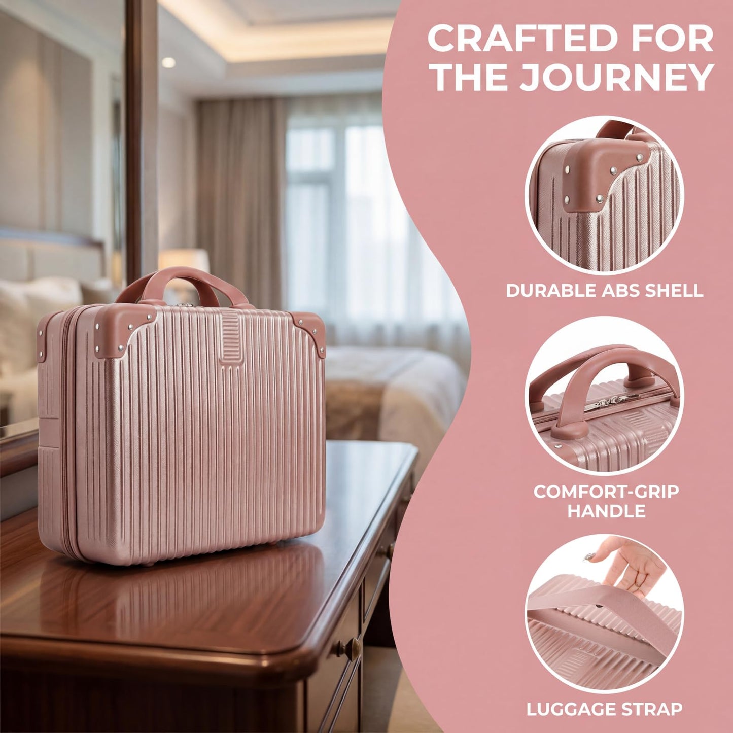 Acshio Hard Shell Cosmetic Travel Case, 17 Inch Mini Travel Hand Luggage with Elastic Band, Portable ABS Carrying Makeup Case Suitcase Train Cosmetic Bag for Travel, Camping, Business Trip