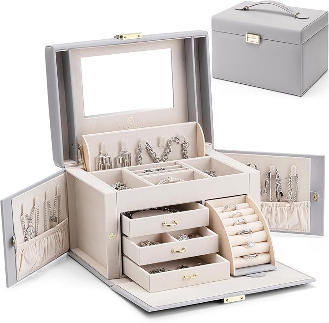 Vlando Jewelry Box Organizer for Girls Women, Large Baroque Jewelry Holder Organizer with Mirror, 3 Drawers for Bracelets, Earrings, Rings, Necklaces, Mothers Day Gifts for Loved One, Grey