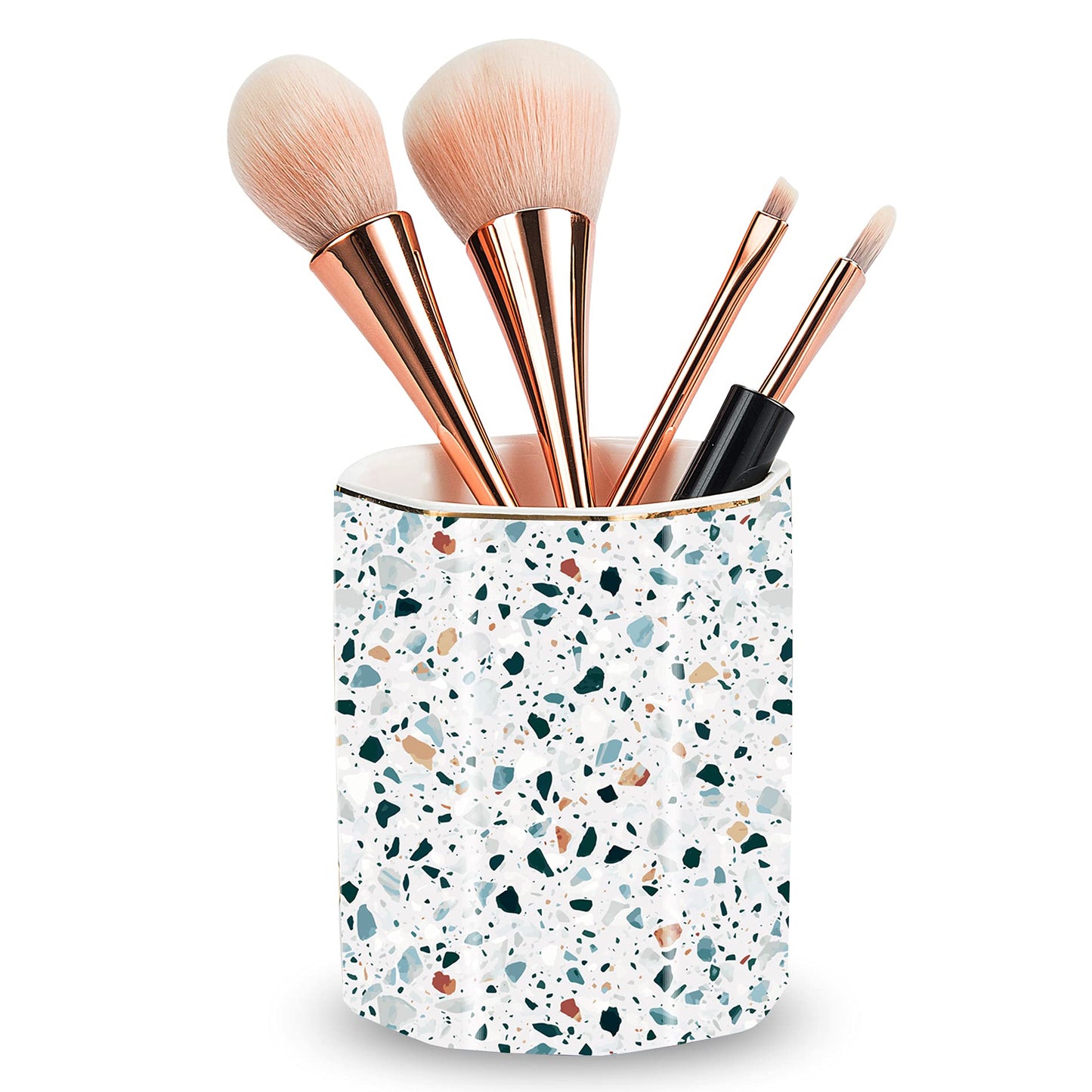 LEAZUL Pen Holder, Makeup Brush Holder Ceramic Shiny Gold Terrazzo Marble Stone Pattern Pencil Cup for Girls Kids Women Durable Stand Desk Organizer Storage Gift for Office, Classroom, Home Light Blue