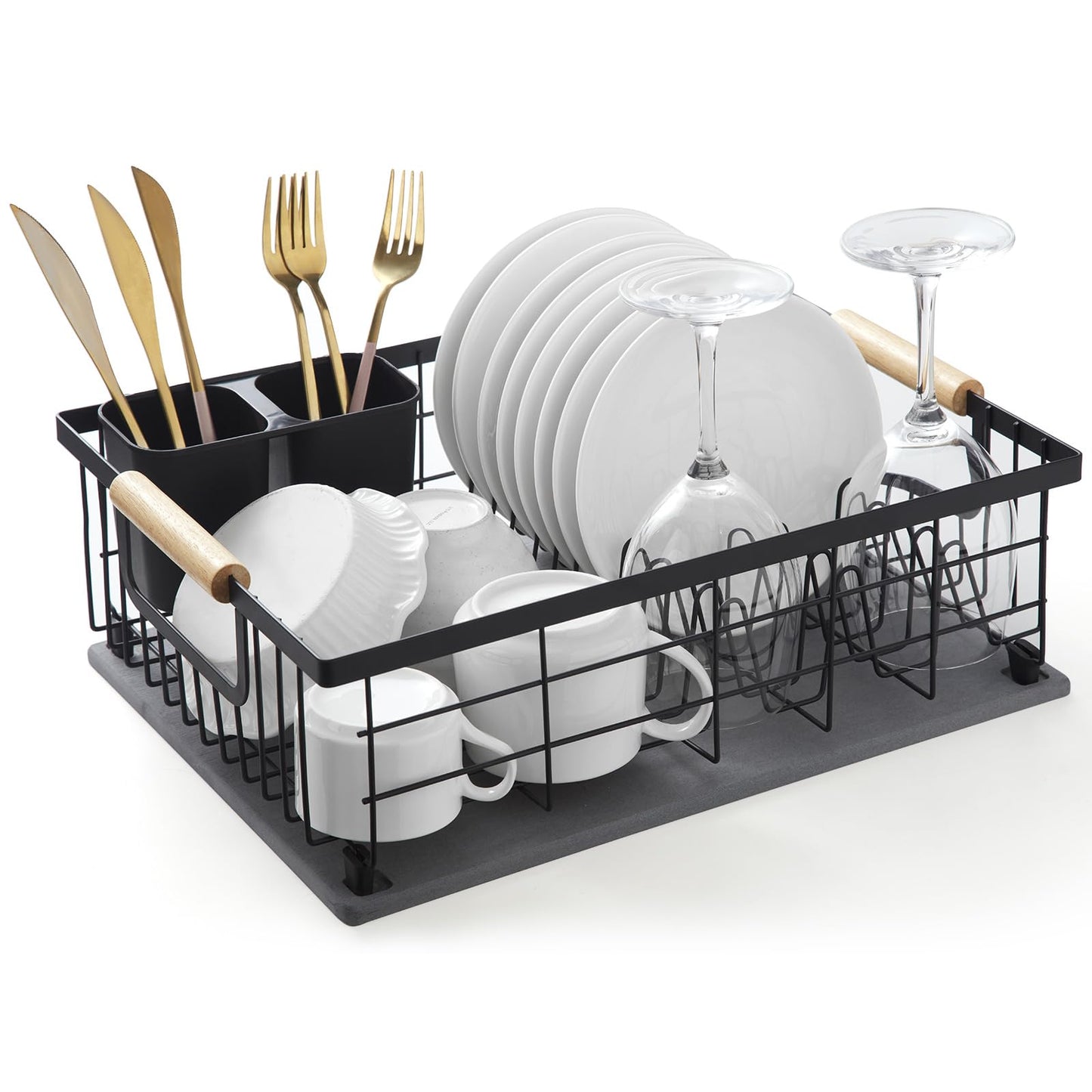 Dish Drying Rack with Stone Dish Drying Mat for Kitchen Counter, 16'' Lx 12''W Dish Drainer with Diatomaceous Earth Quick Dry Mat, Organization and Storage Essentials with Cup & Cutlery Holders