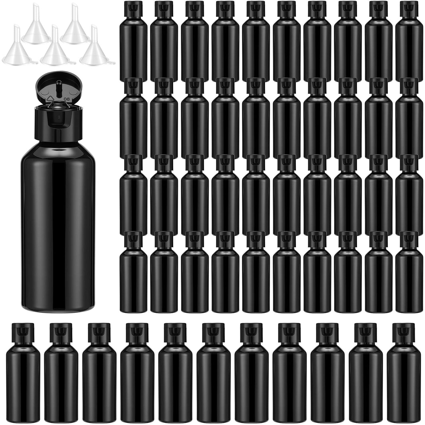 Eccliy 100 Pack 2 oz Plastic Bottles Travel Lotion Bottle Squeeze Container Plastic Bottles with Caps Small Travel Empty Refillable Toiletry Containers for Liquid Lotion Creams with 5 Funnels (Black)