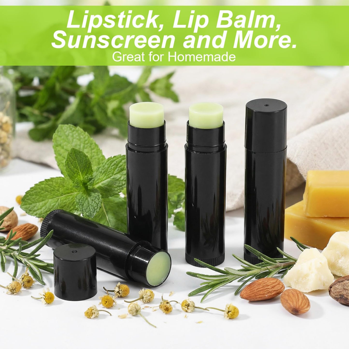Kenaeooe 100 Pack 5ml Black and Green Lip Balm Containers with Filling Tray and Spatula Empty Chapstick Tubes Diy Kit for Homemade Lip Balm and Lipstick