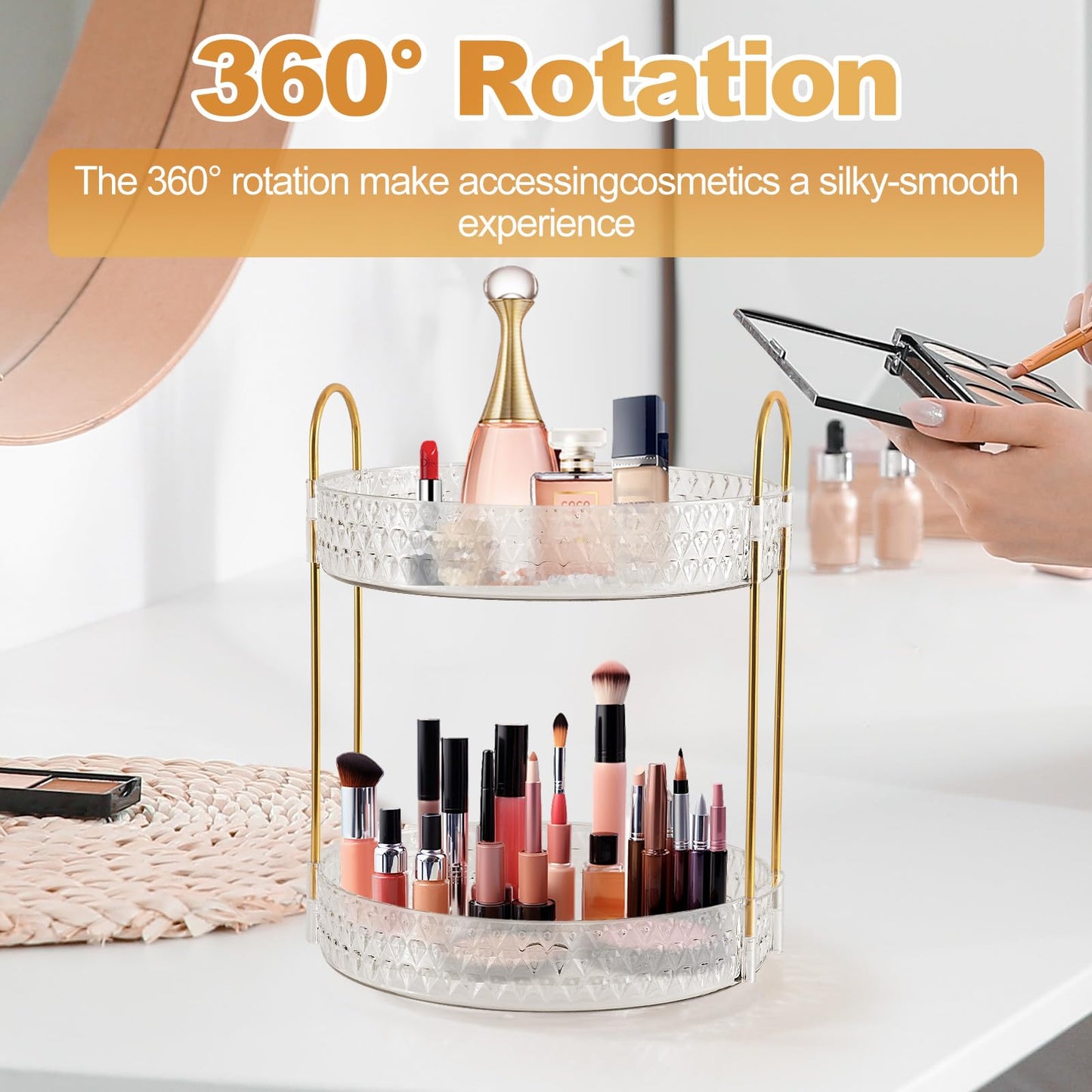 2 Tier Acrylic Lazy Susan Organizer, 360° Rotating Makeup orgaizer & Skincare Storage Tray, Clear Spinning Vanity Organizer for Bathroom Countertop, Cabinet, Dresser, Kitchen, Perfume Organizer
