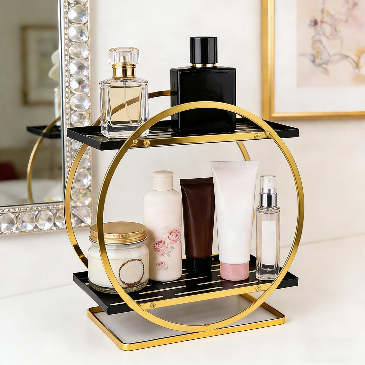 Nexyetnov BO2701 2 Tier Bathroom Organizer, Perfume Organizer for Dresser, Black Gold