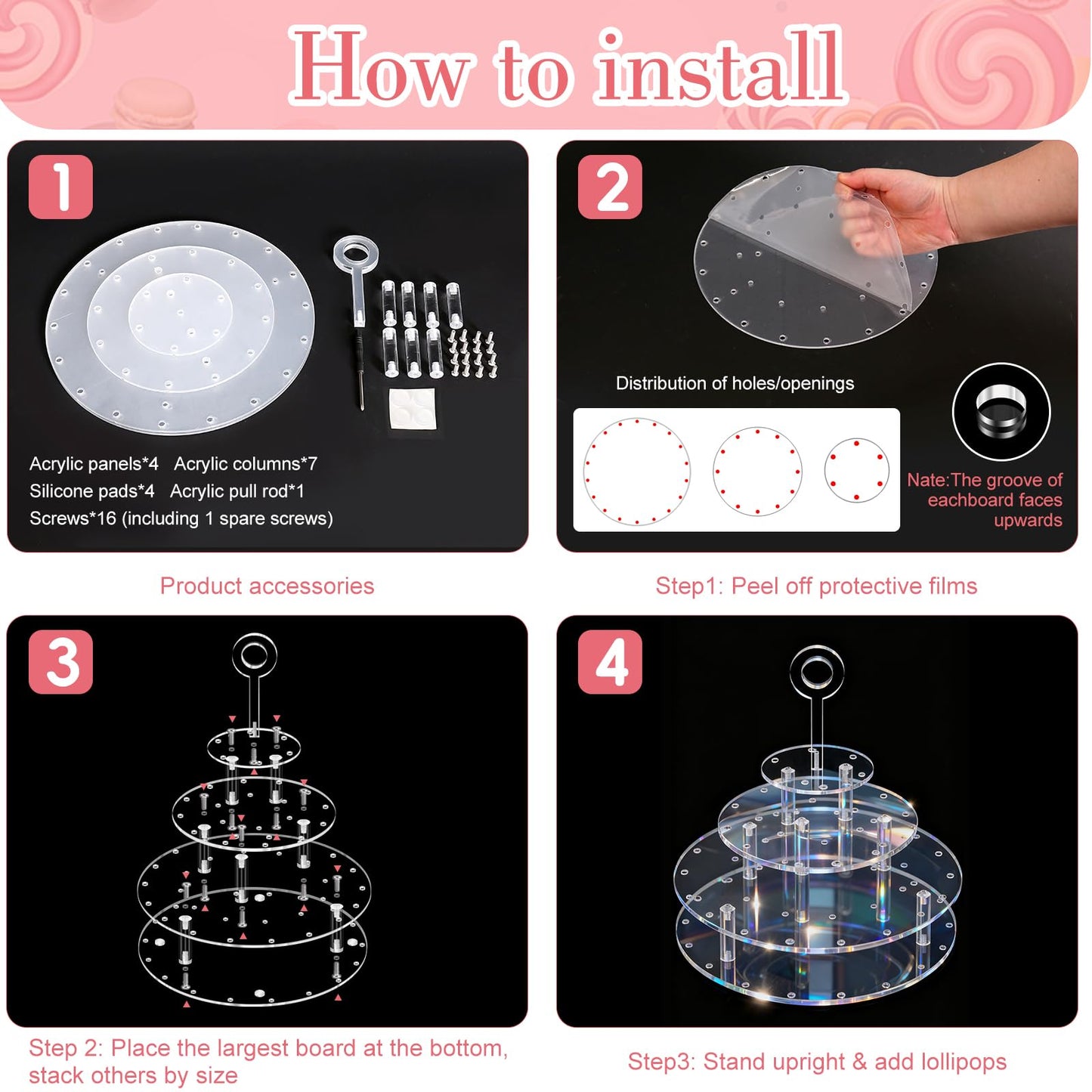 3 Tier Acrylic Lollipop Stand with Handle, 36-Hole Clear Cake Pop Holder with 100 Sticks, 100 Wrappers, 100 Gold Twist Ties, Candy Dessert Display Rack for Weddings, Birthday Parties, Baby Showers