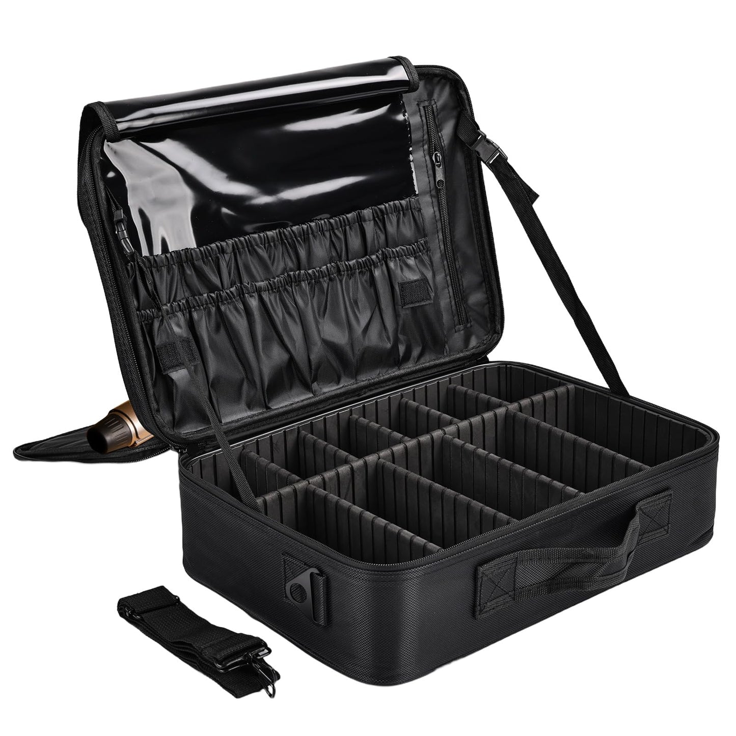 Professional Makeup Train Case with Brush Holder, Large Makeup Travel Bag Organizer, Portable Cosmetic Carry Case 3 Layer Makeup Artist Storage Box with Adjustable Dividers and Shoulder Strap, Black