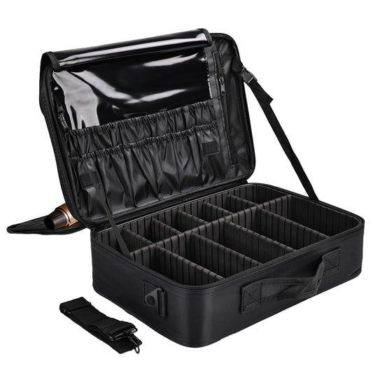 Professional Makeup Train Case with Brush Holder, Large Makeup Travel Bag Organizer, Portable Cosmetic Carry Case 3 Layer Makeup Artist Storage Box with Adjustable Dividers and Shoulder Strap, Black