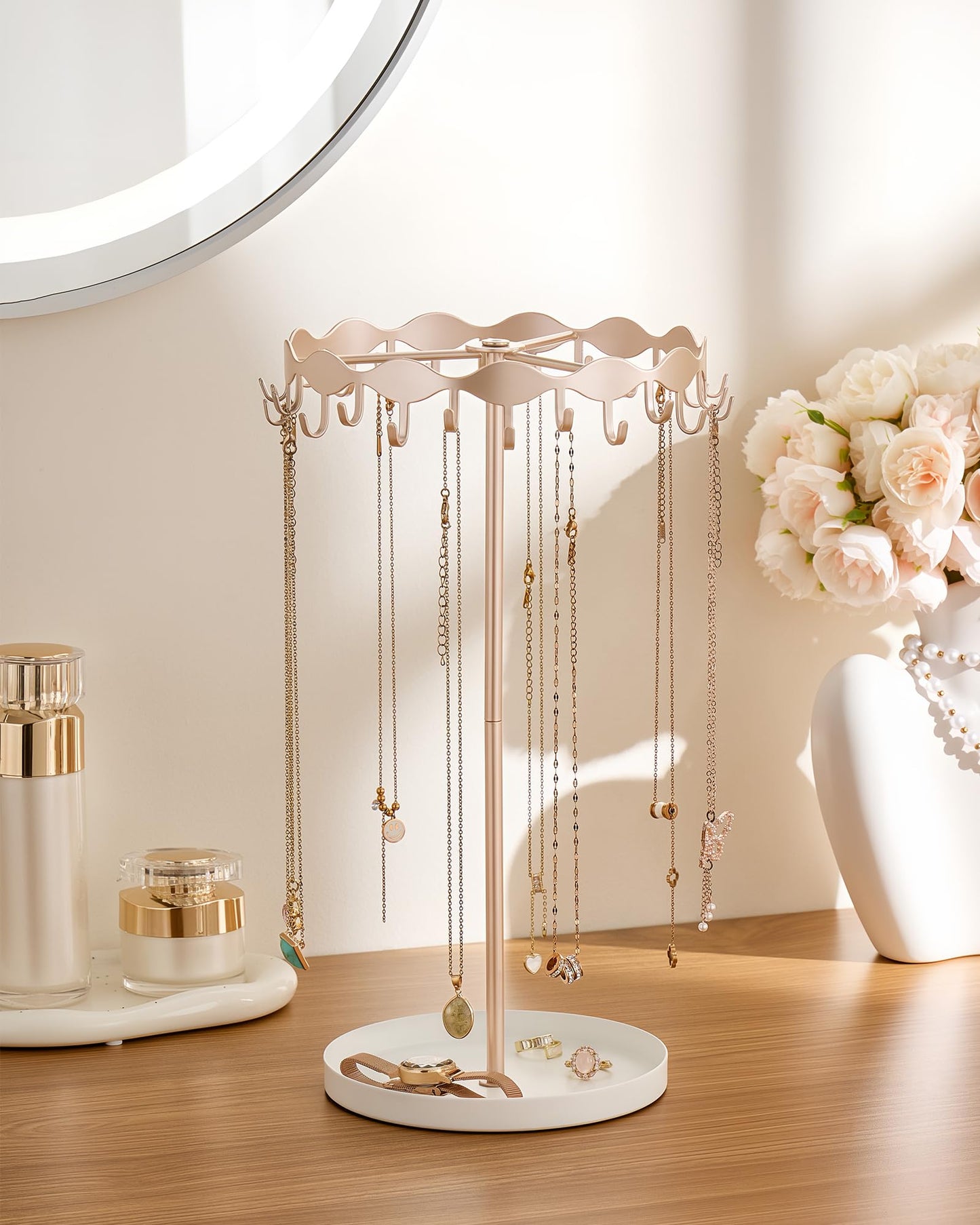 Lolalet Necklace Organizer Holder, Jewelry Display Rack Tree Stand with 26 Hooks & Metal Base Tray, Tall Hanging Storage for Necklaces, Keychains, Bracelets, Mothers Day Gift for Women -Rosegold
