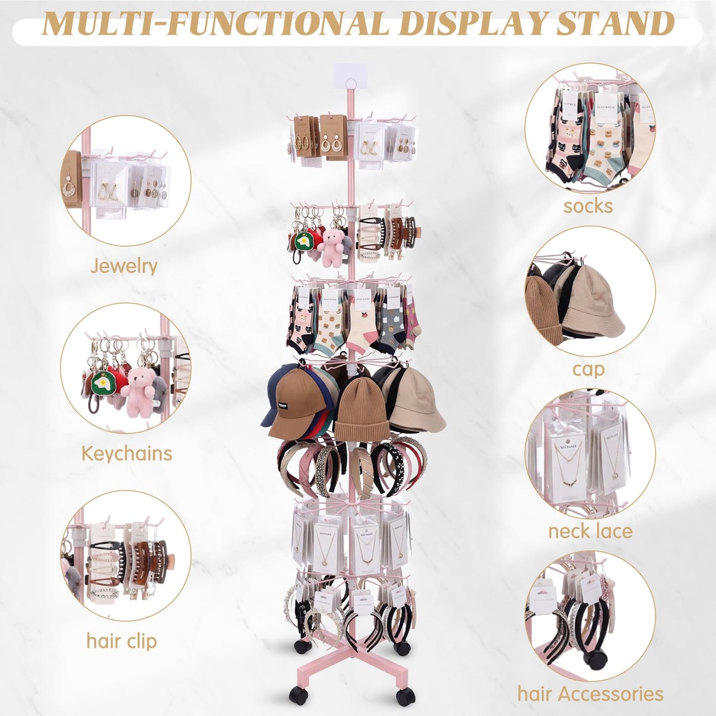 Ripeng 1 Pcs 7-Tier Rotating Retail Display Stand Display Rack for Earring Keychains Jewelry Vendor Events and Stores Movable Adjustable Shop Spinner Pink Ornament Holder