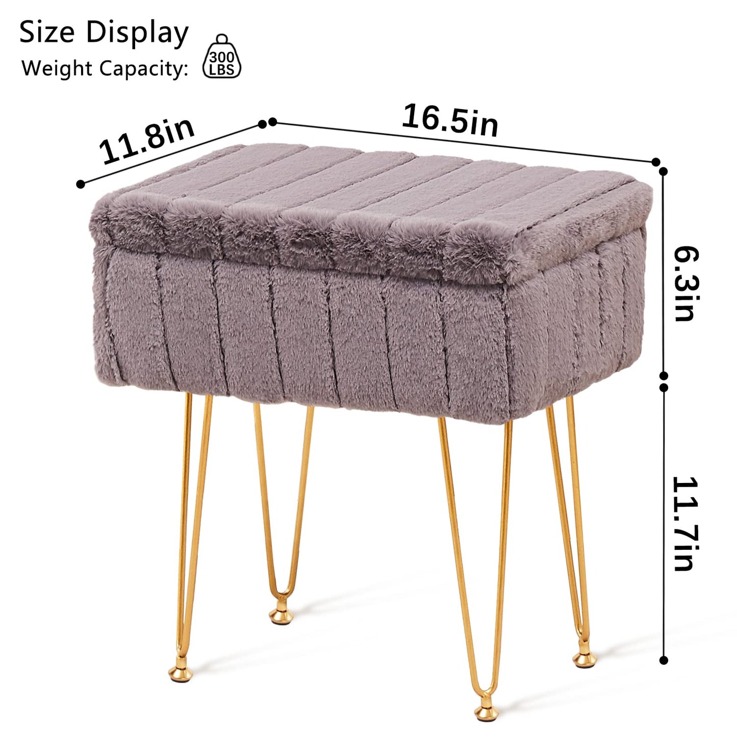 Wimarsbon Faux Mink Fur Storage Ottoman, Modern Soft Footstool, Storage Bench with Metal Legs, Vanity Seat, Fur Stool, Ottoman Coffee Table, Makeup Chair, Vanity Stools for Bedroom (Grey)