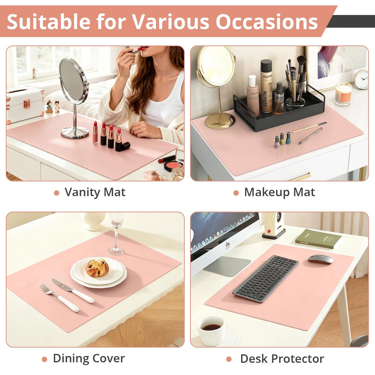 LovePads Makeup Mat for Vanity, 14 x 24 Dual-Sided Desk Pad & Vanity Cover Top, Waterproof PVC Protector Mat for Dresser, Nail Art, Craft Table (Pink+Silver)