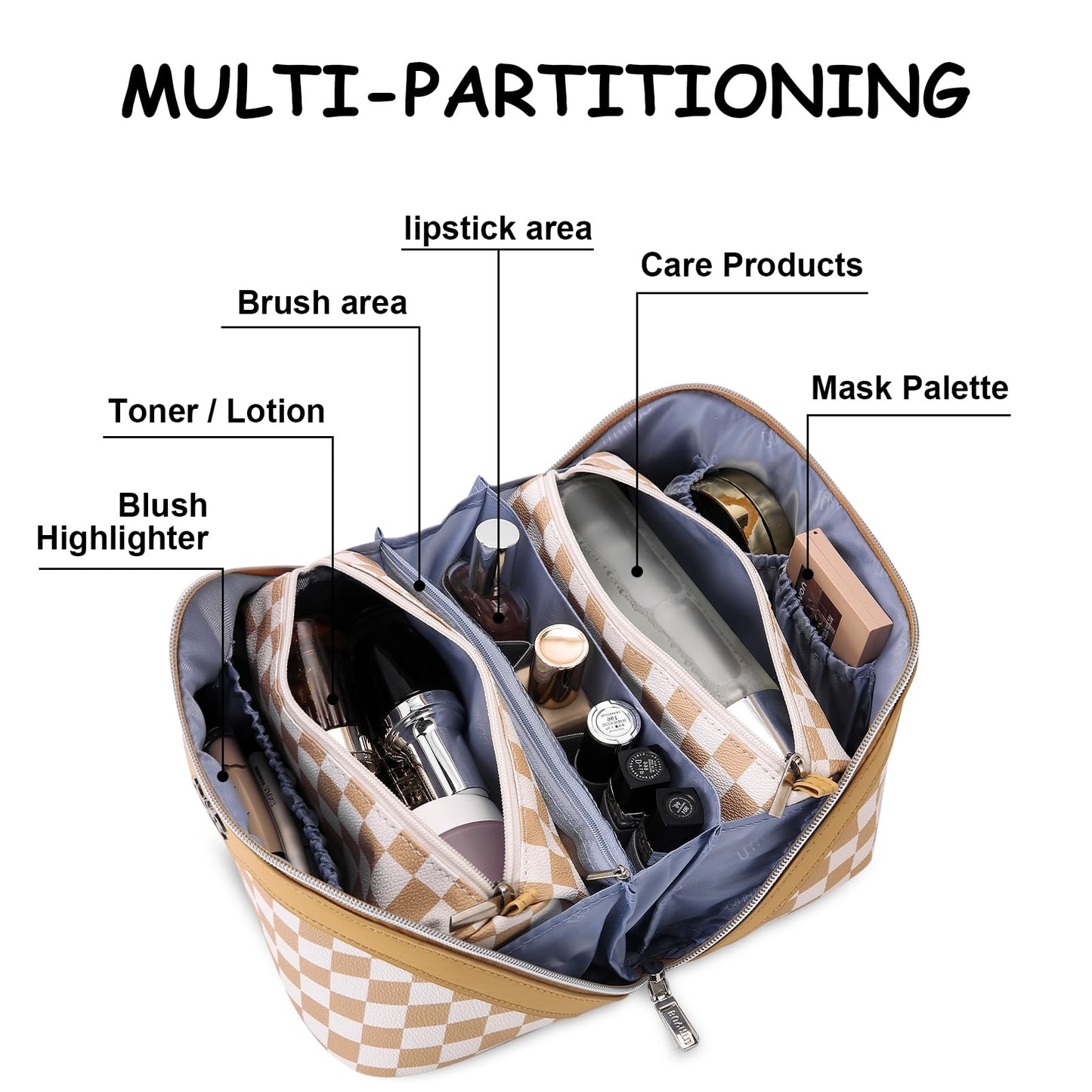 BOYATU Travel Makeup Bag Organizer Cosmetic Bag: 3 Pcs Set Make up Bags for Women with Handle - Waterproof Vegan Leather Toiletry Bag (01-G-Apricot)