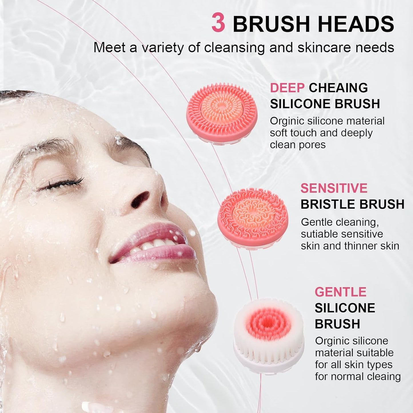 Beautivana Facial Cleansing Brush, Waterproof Dual-Rotation Face Scrubber with 3 Brush Heads & 2 Speed Settings, Rechargeable Exfoliating Face Brush for Deep Cleansing & Daily Skin Care (Pink)