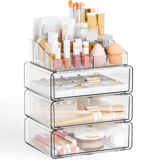 Yieach Clear Acrylic Makeup Organizers Countertop for Dresser,Desk,Bathroom Vanity,4 Tier Stackable Make up Holders and Makeup Cabinet,Tiered Cosmetic Storage and Make up Containers for Palette,Brush