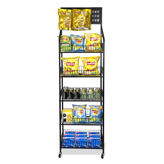 TONGMO 5 Tier Snack Rack Display Stand - Retail Display Shelves with Top Pegboard, 15 Hooks, Bakery Display Rack on Wheels for Easy Mobility and Organization (Black, 5‑Tier)