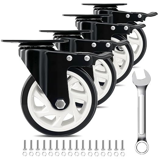 5 Inch Heavy Duty Caster Set of 4, Swivel Plate Castor Wheels with Dual Locking Brakes, Silent Polyurethane (PU) Wheels, 360 Rotation, 2800lbs Load Capacity-Black