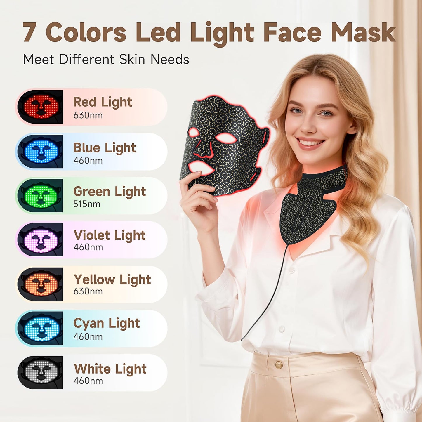 Yenjuty Red Light Therapy Mask for Face and Neck, 7 Color LED Light Therapy Mask with Rechargeable Controller, Adjustable Brightness and Timer, Portable Skin Care for Home Use