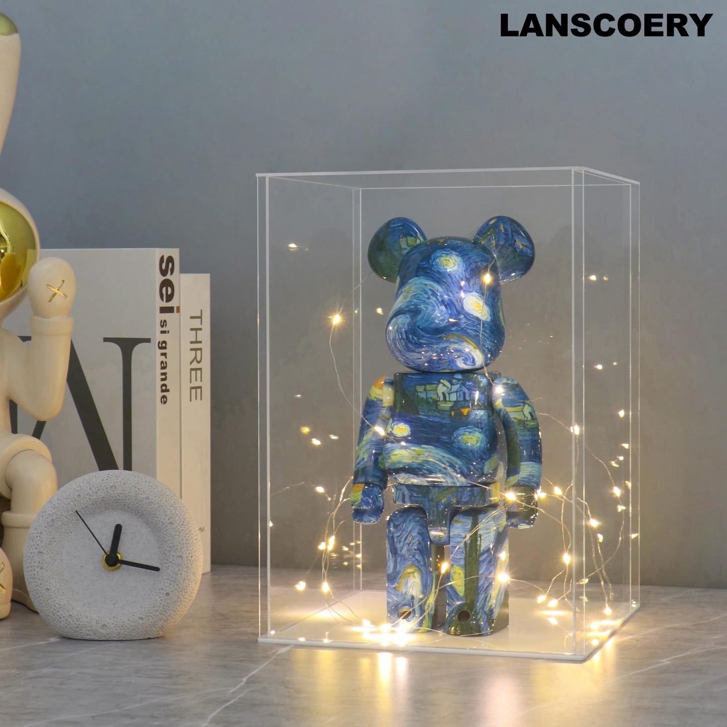 LANSCOERY Acrylic Display Case, 4.7x4.7x7 in, Upgraded Thickened UV-Resistant Showcase, 98% Clarity Dustproof Box with Glossy White Base for Action Figures, LEGO & Models, Scraper & LED Light