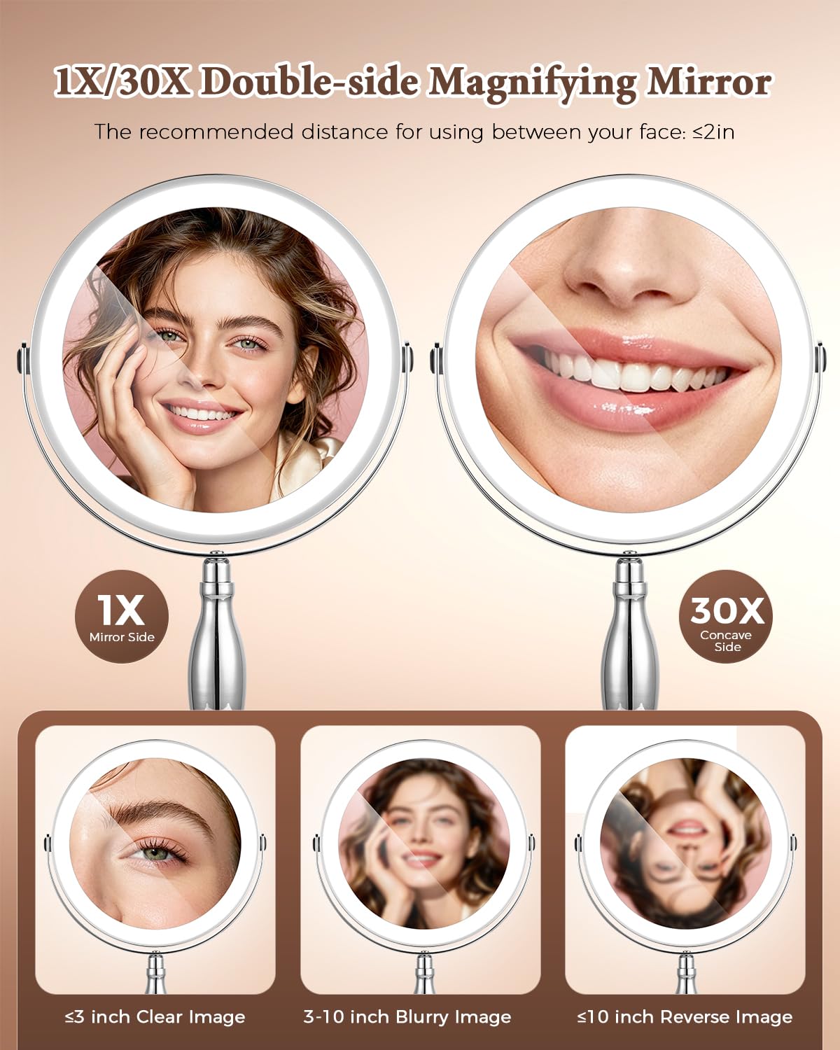 30x Lighted Makeup Mirror with Lights, 8" Double Sided Magnifying Mirror with 3 Color Modes Adjustable Brightness, 5000mAh Rechargeable, 360° Rotation, Side Touch+Side Charging, Vanity Mirror-Chrome
