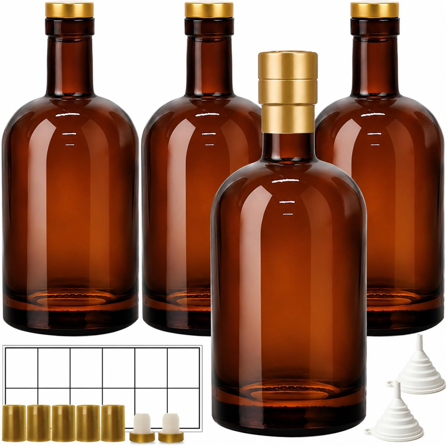 TBWIND 4 Pack 32oz Amber Glass Bottles with Airtight T-Top Corks, 1000ml Refillable Brewing Bottles for Kombucha, Mead, Wine, Syrups & Oils, Includes Funnels & Labels