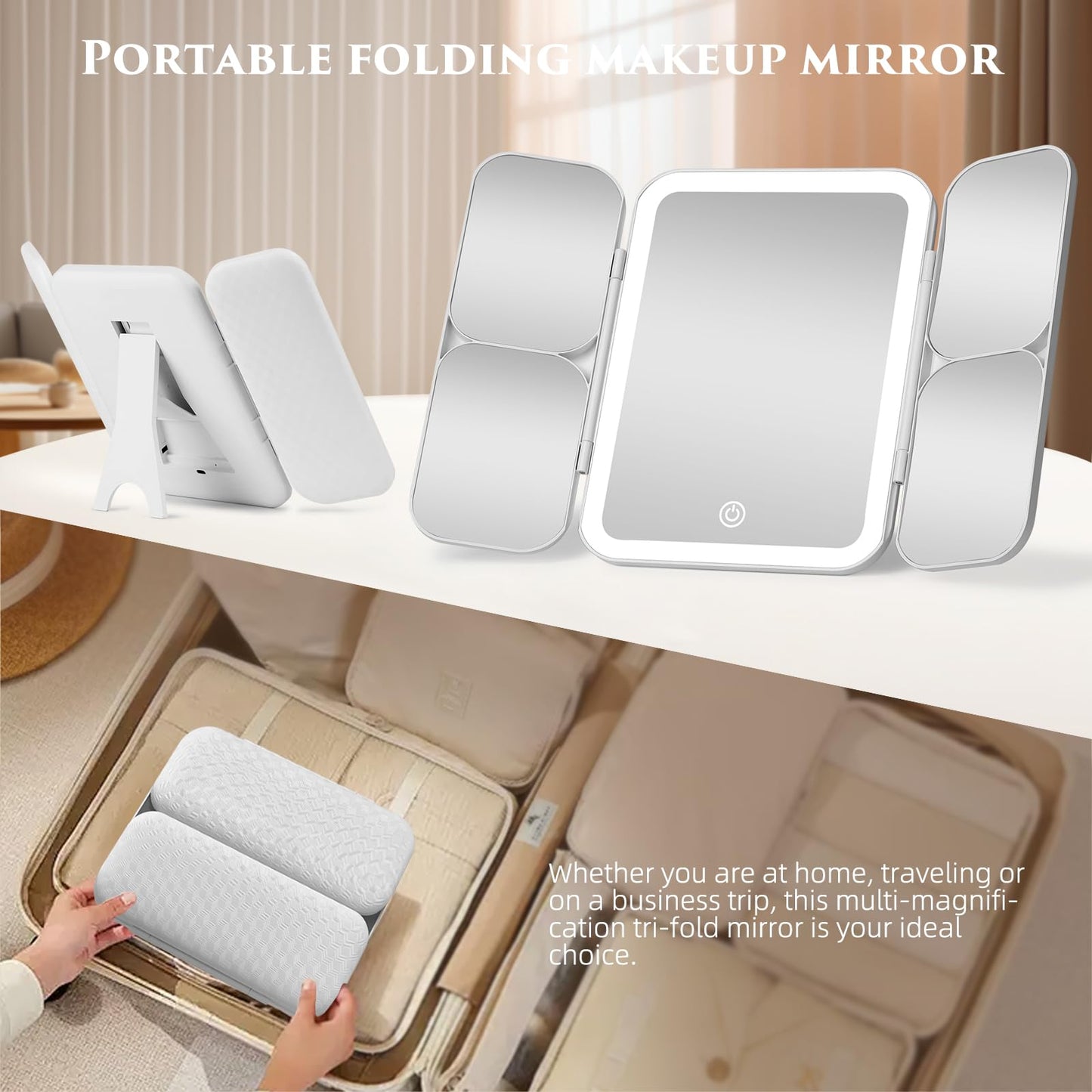 Junyaoxuan Tri-fold Vanity Mirror with Light,1X/5X/10X/20X/30X Makeup Magnifying Mirror with Lights,Rechargeable Travel Makeup Mirror with Foldable Stand,Dimmable in 3 Colors,Touch Control
