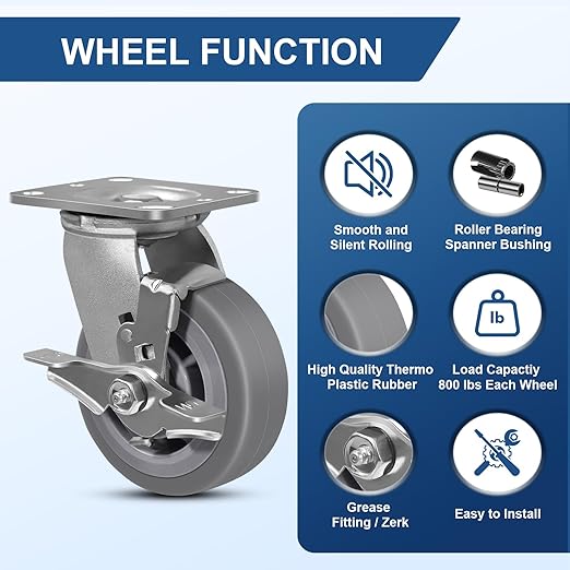 5"x2" Rubber Wheels (Flat Tread)- Heavy Duty Casters, Industrial Caster Wheels- Set of 4 with up to 3200 LB Capacity- Use for Dollies, Workbench(2 Brake &2 Rigid)
