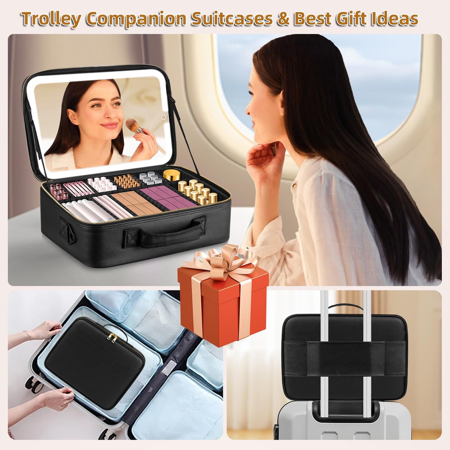 Suupvaor 15''X11'' Large Makeup Bag with Removable Lighted Mirror, Professional Travel Makeup Train Case PU Leather Cosmetic Make up Organizer with Adjustable Dividers & Brush Storage Board