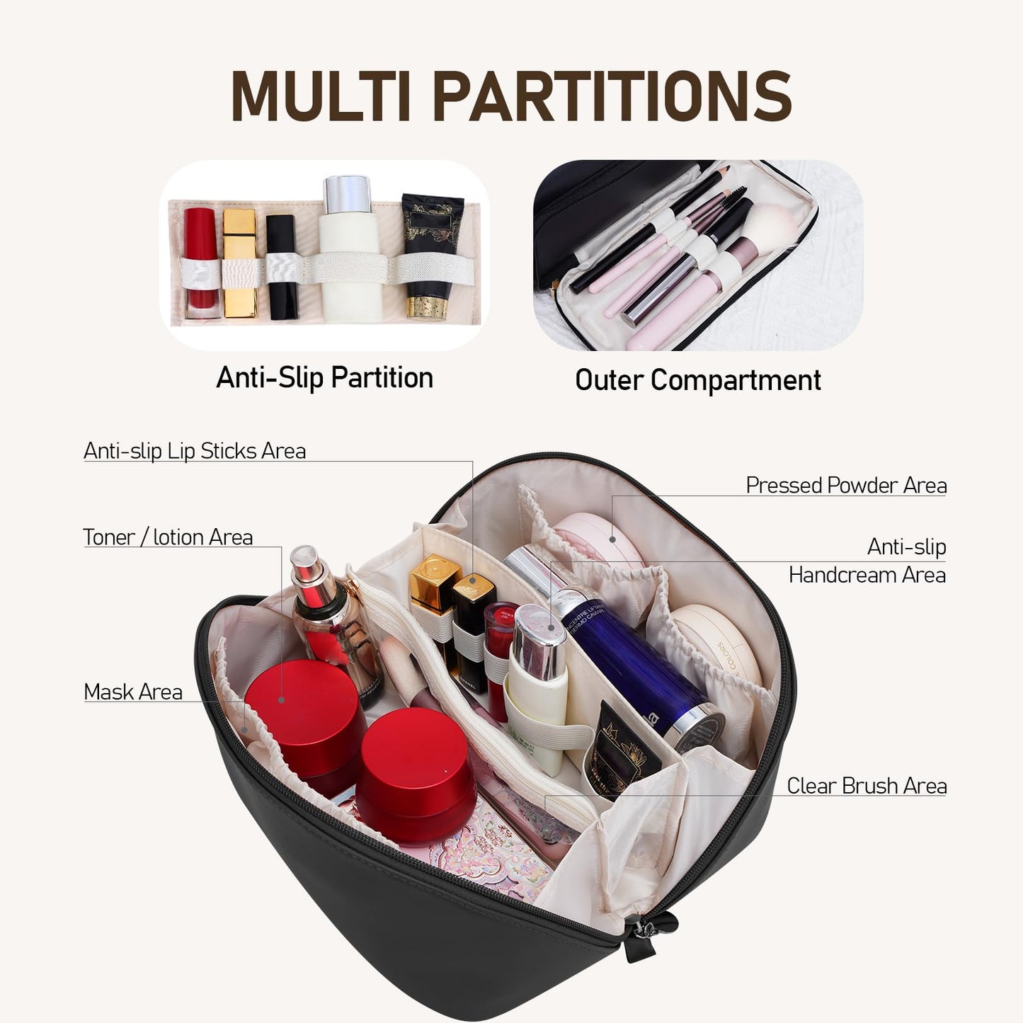 ETTP Large Capacity Cosmetic Bag for Women, Waterproof PU Leather Makeup Bag for Travel,Toiletry Bag Make up Organizer with Divider and Handle (Black)